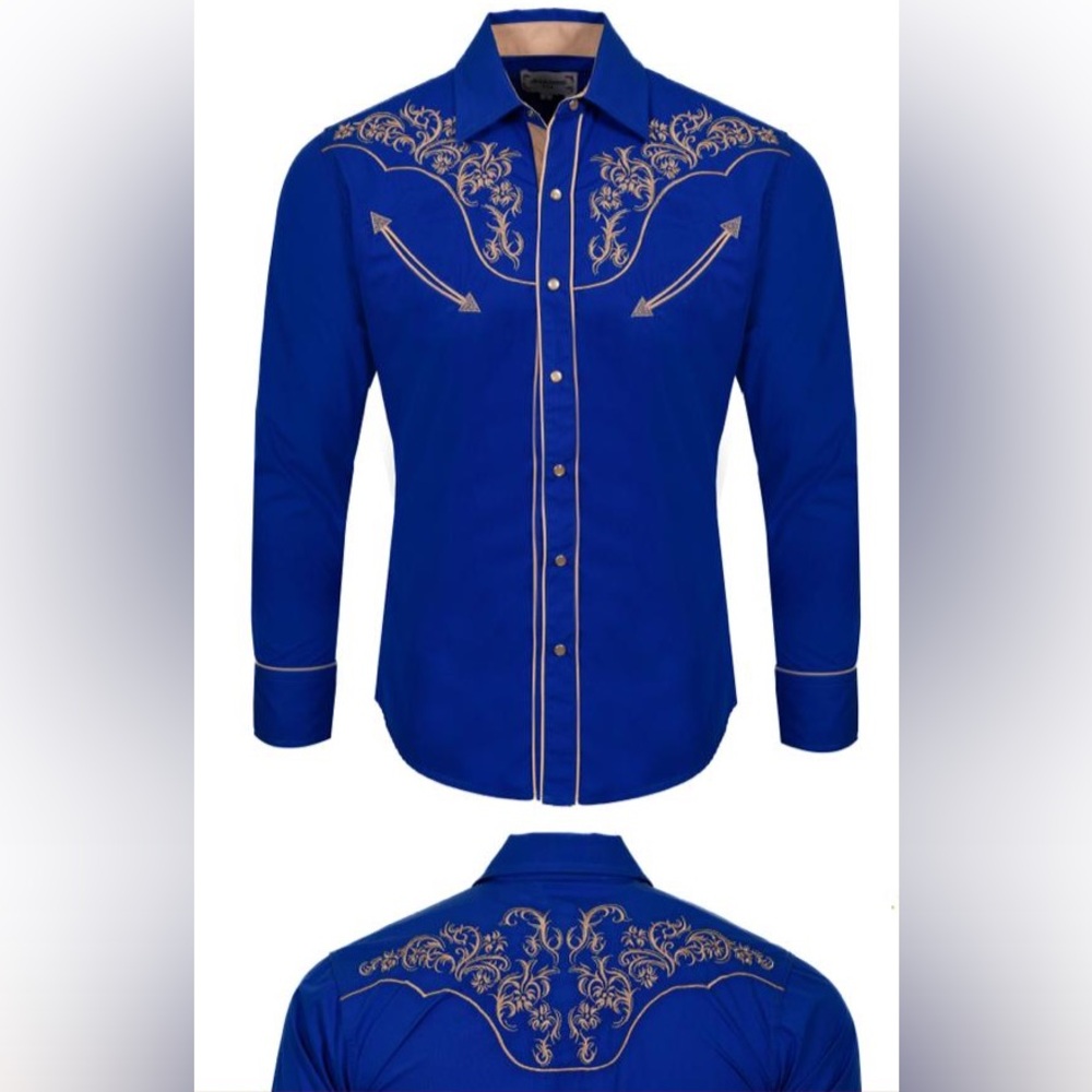 Texas Cowboy Royal Blue Shirt with Tan Embroidery